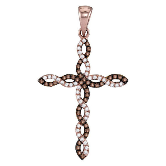 14k Rose Gold Round Brown Diamond Cross Pendant 1/5 Cttw