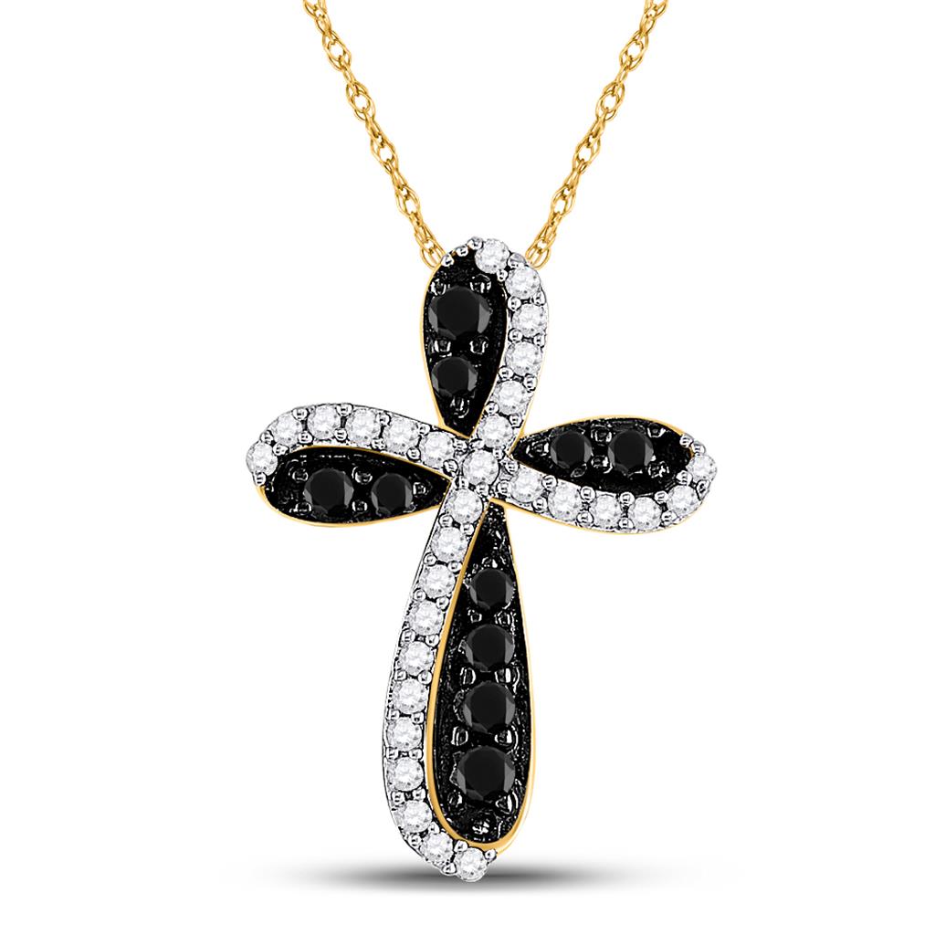 10k Yellow Gold Round Black Diamond Cross Pendant 1 Cttw