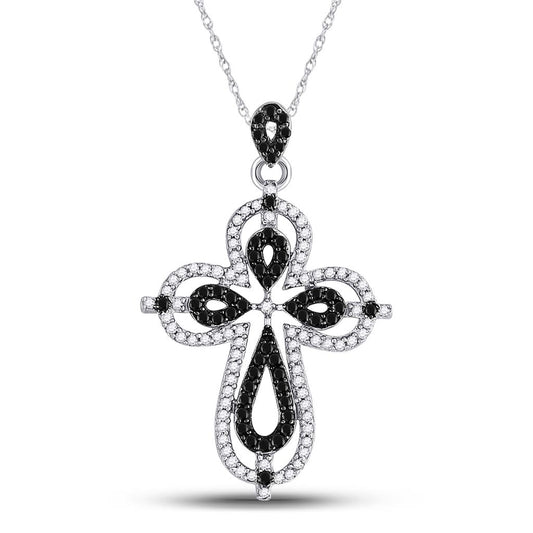 14k White Gold Round Black Diamond Cross Pendant 1/2 Cttw