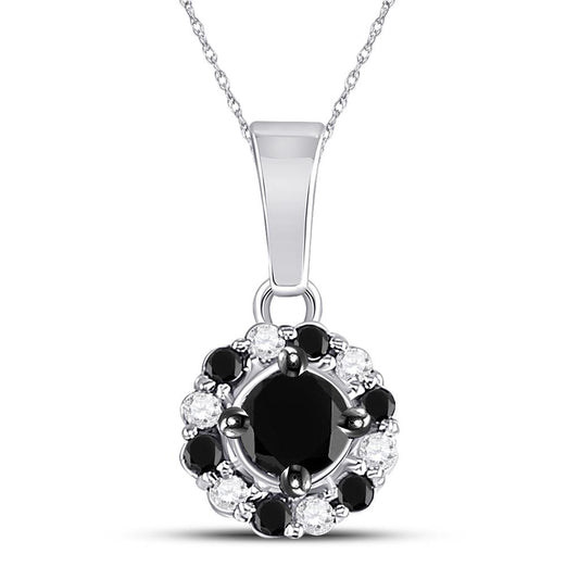 14k White Gold Round Black Diamond Cluster Pendant 1/2 Cttw