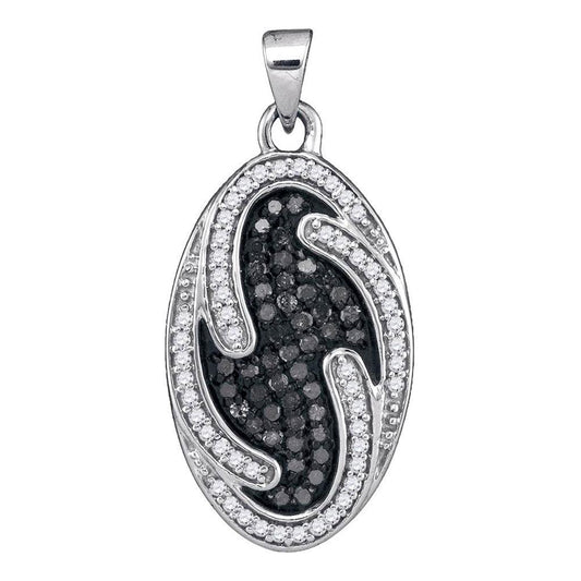 14k White Gold Round Black Diamond Oval Cluster Pendant 1/2 Cttw