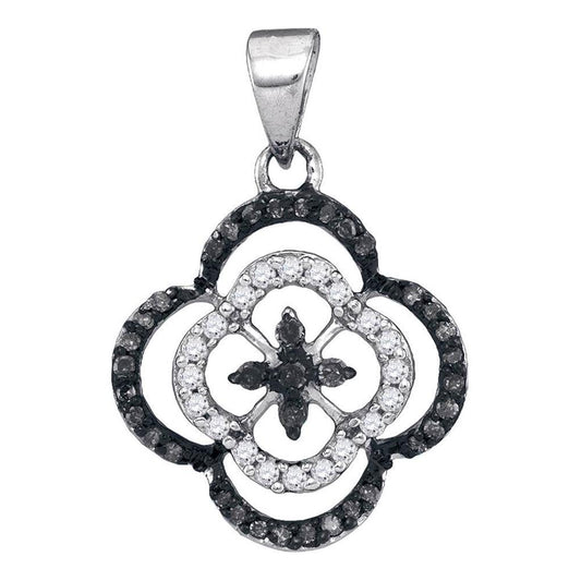 14k White Gold Black Diamond Quatrefoil Cluster Pendant 1/4 Cttw