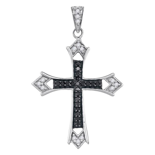 14k White Gold Round Black Diamond Flared Cross Pendant 1/5 Cttw