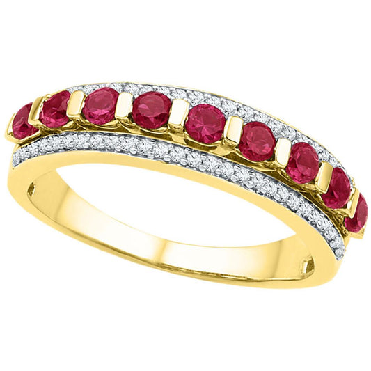 10k Yellow Gold Round Created Ruby Band Ring 1 Cttw