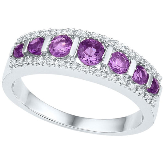 14k White Gold Round Created Amethyst Band Ring 3/4 Cttw