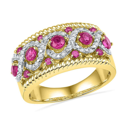 10k Yellow Gold Round Created Pink Sapphire Diamond Roped Band 1/10 Cttw