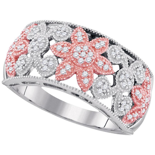 10k Two-tone Gold Round Diamond Flower Band Ring 1/5 Cttw