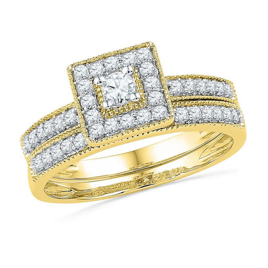 10k Yellow Gold Round Diamond Square Halo Bridal Wedding Ring Set 1/2 Cttw