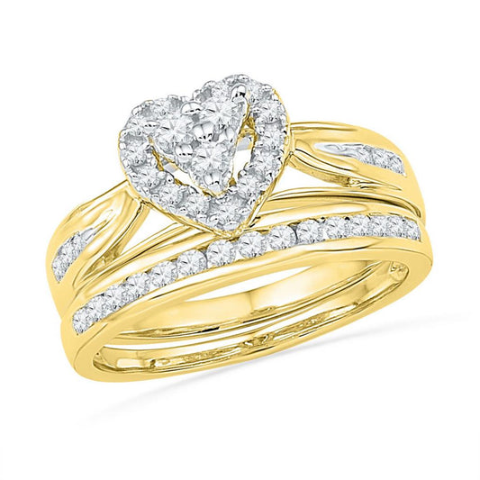 10k Yellow Gold Round Diamond Heart Bridal Wedding Ring Set 1/2 Cttw