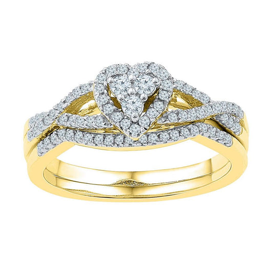 10k Yellow Gold Round Diamond Heart Cluster Bridal Engagement Ring Set 3/8 Cttw