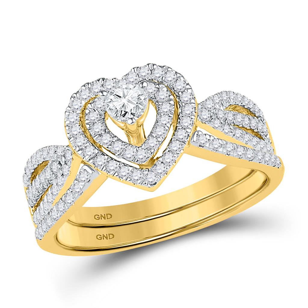 10k Yellow Gold Diamond Heart Bridal Wedding Ring Set 5/8 Cttw