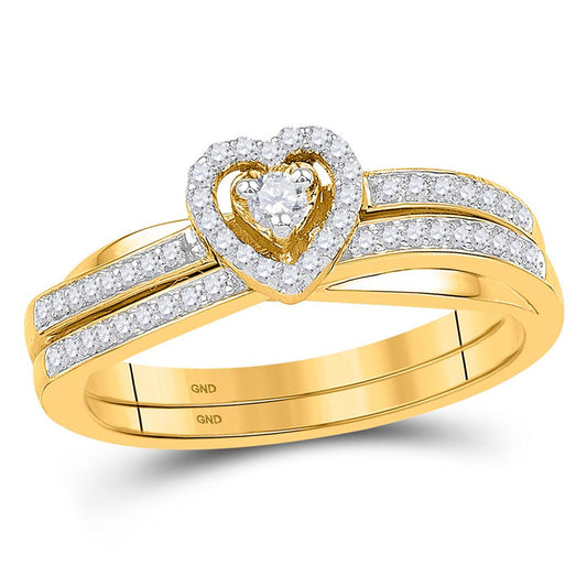 10k Yellow Gold Round Diamond Heart Bridal Wedding Ring Set 1/4 Cttw