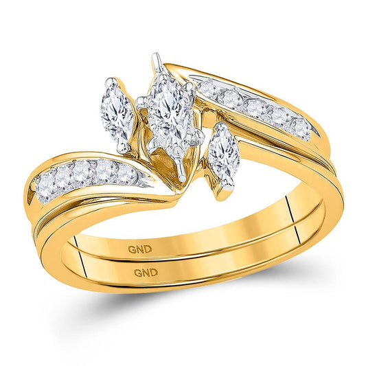 10k Yellow Gold Marquise Diamond 3-Stone Bridal Wedding Ring Set 1/2 Cttw