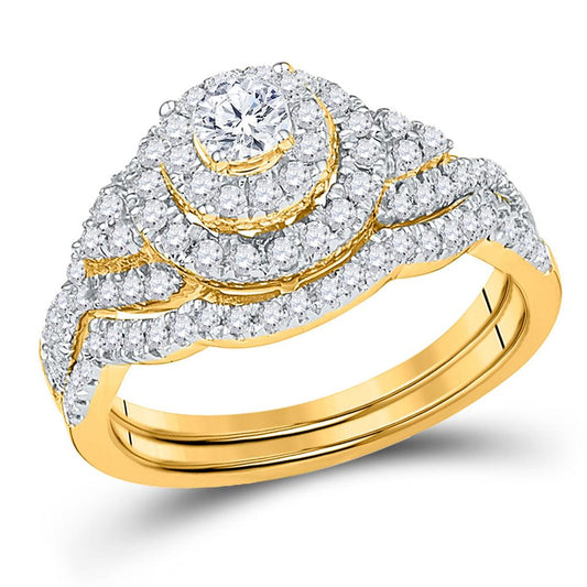 10k Yellow Gold Round Diamond Double Halo Bridal Wedding Ring Set 3/4 Cttw