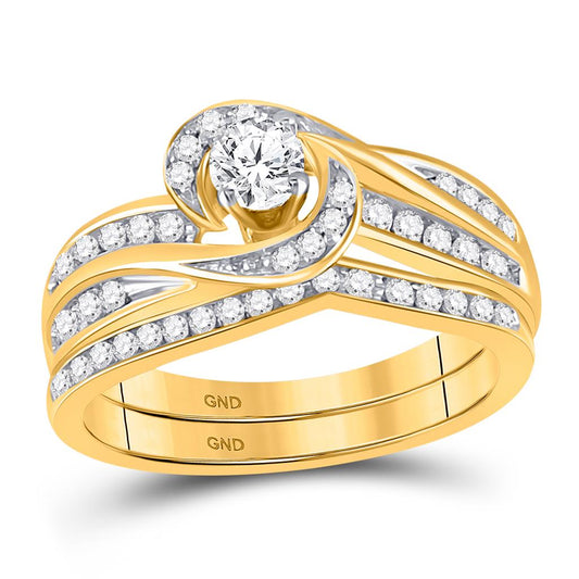 10k Yellow Gold Round Diamond Swirl Bridal Wedding Ring Set 1/2 Cttw