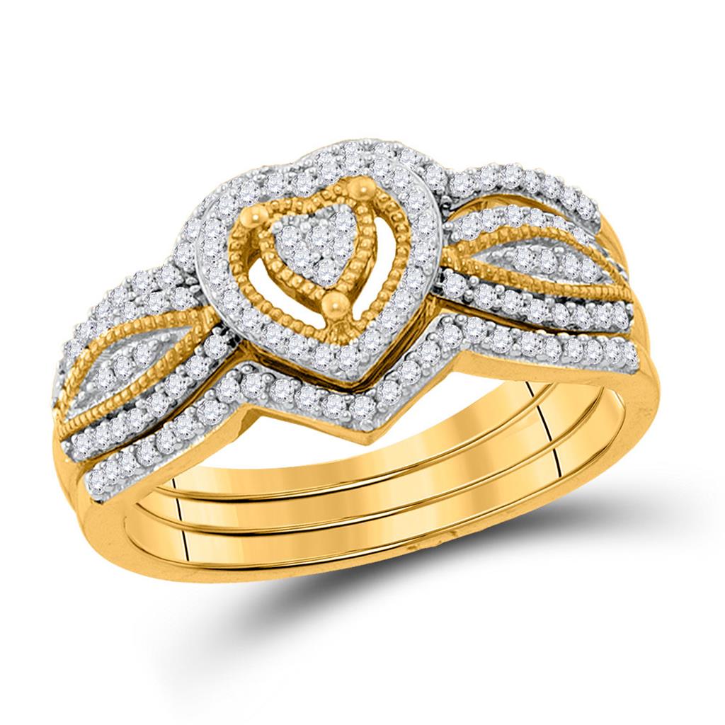 10k Yellow Gold Round Diamond Heart Bridal Wedding Ring Set 1/3 Cttw