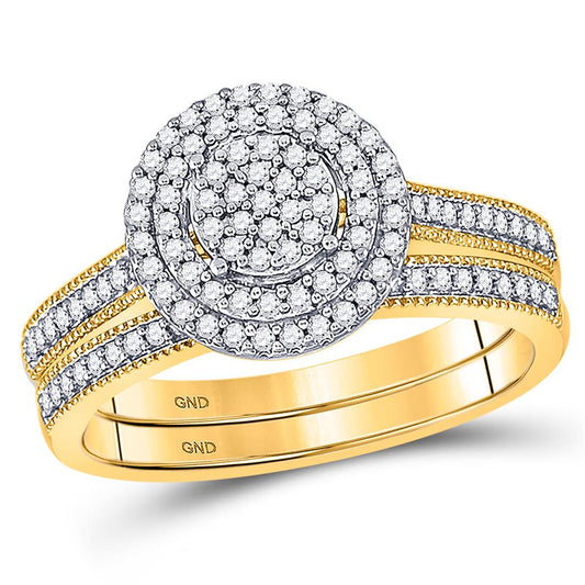 10k Yellow Gold Round Diamond Cluster Bridal Wedding Ring Set 1/3 Cttw