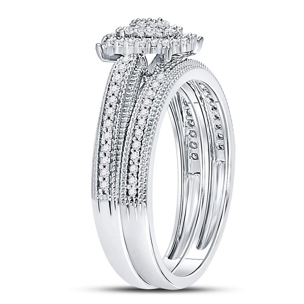 14kt White Gold Round Diamond Milgrain Bridal Wedding Ring Set 1/3 Cttw