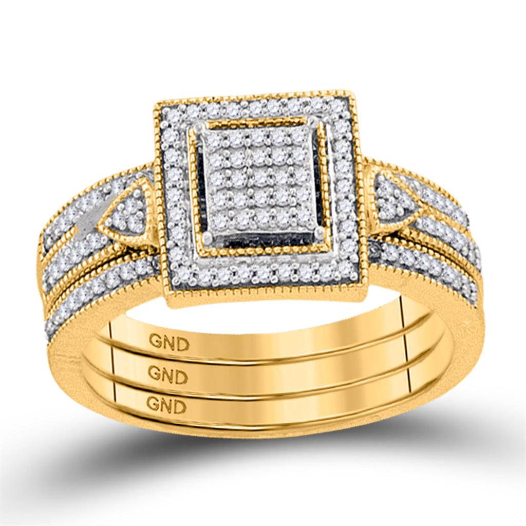 10k Yellow Gold Diamond Square 3-Piece Bridal Wedding Ring Set 1/3 Cttw