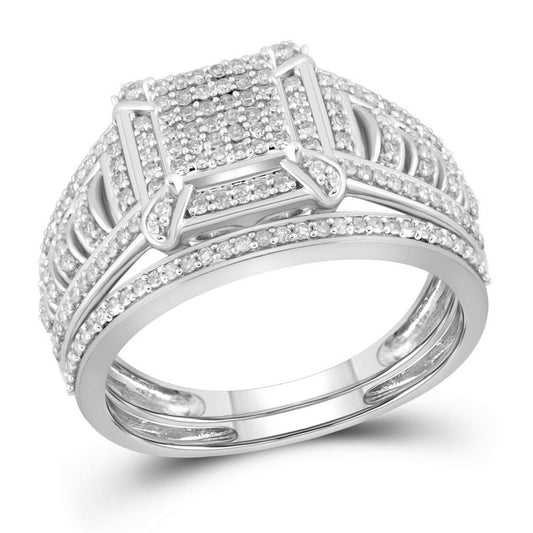 14k White Gold Diamond Square Cluster Bridal Wedding Ring Set 1/2 Cttw