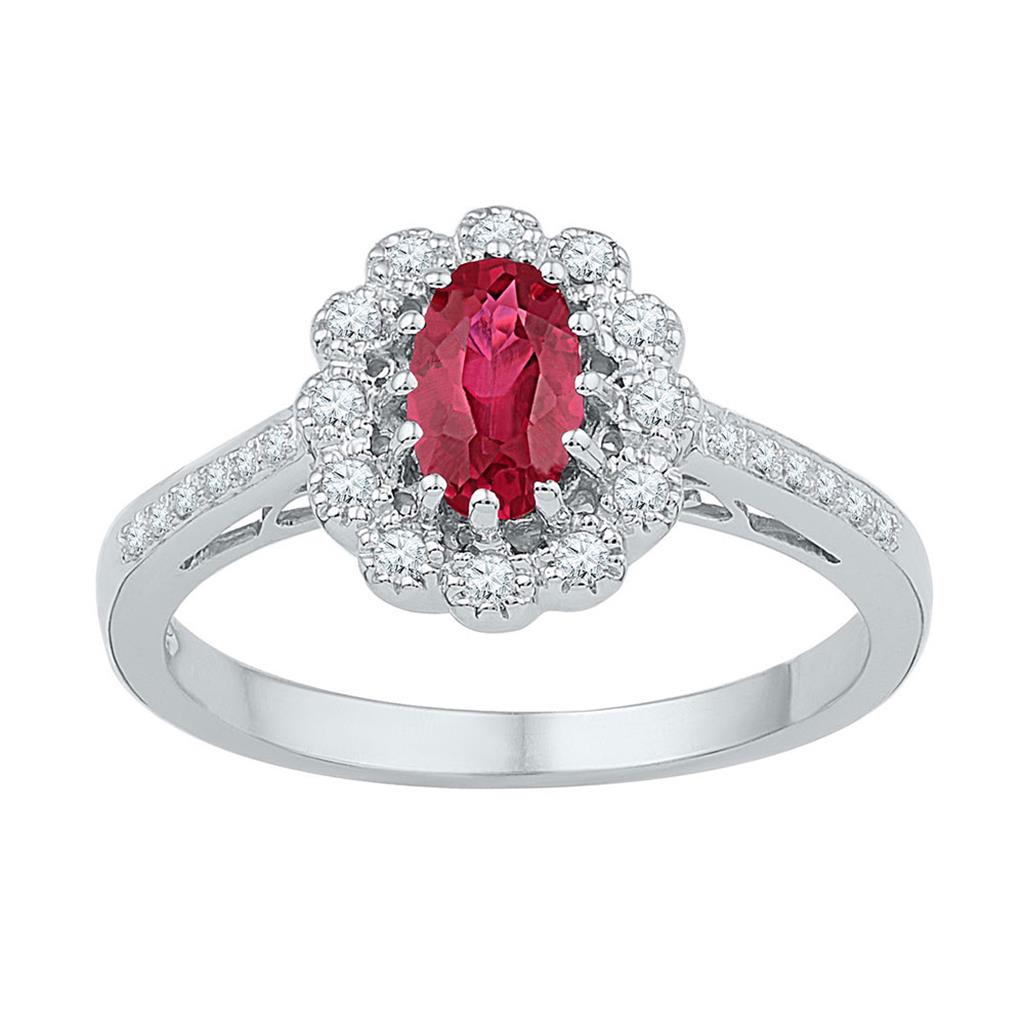 14k White Gold Oval Created Ruby Diamond Solitaire Ring 1 Cttw