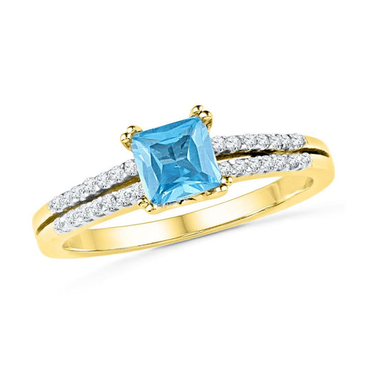 10k Yellow Gold Created Blue Topaz Diamond Bridal Ring 5/8 Cttw