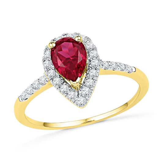 10k Yellow Gold Pear Created Ruby Solitaire Diamond Frame Ring 1-1/5 Cttw