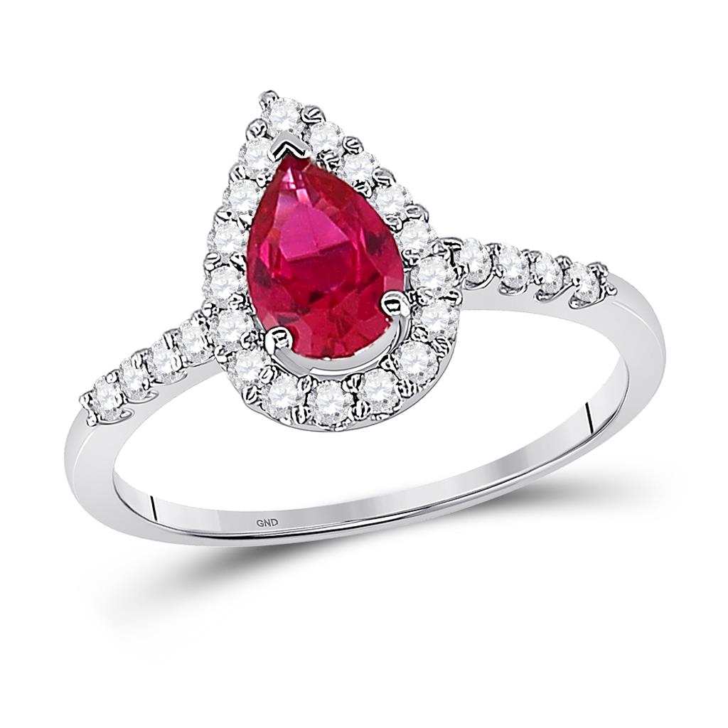 14k White Gold Pear Created Ruby Solitaire Diamond Frame Ring 1-1/5 Cttw