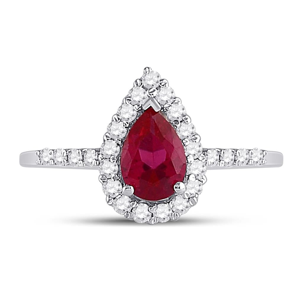 14k White Gold Pear Created Ruby Solitaire Diamond Frame Ring 1-1/5 Cttw