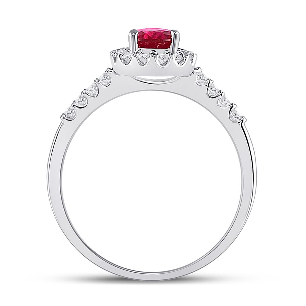 14k White Gold Pear Created Ruby Solitaire Diamond Frame Ring 1-1/5 Cttw