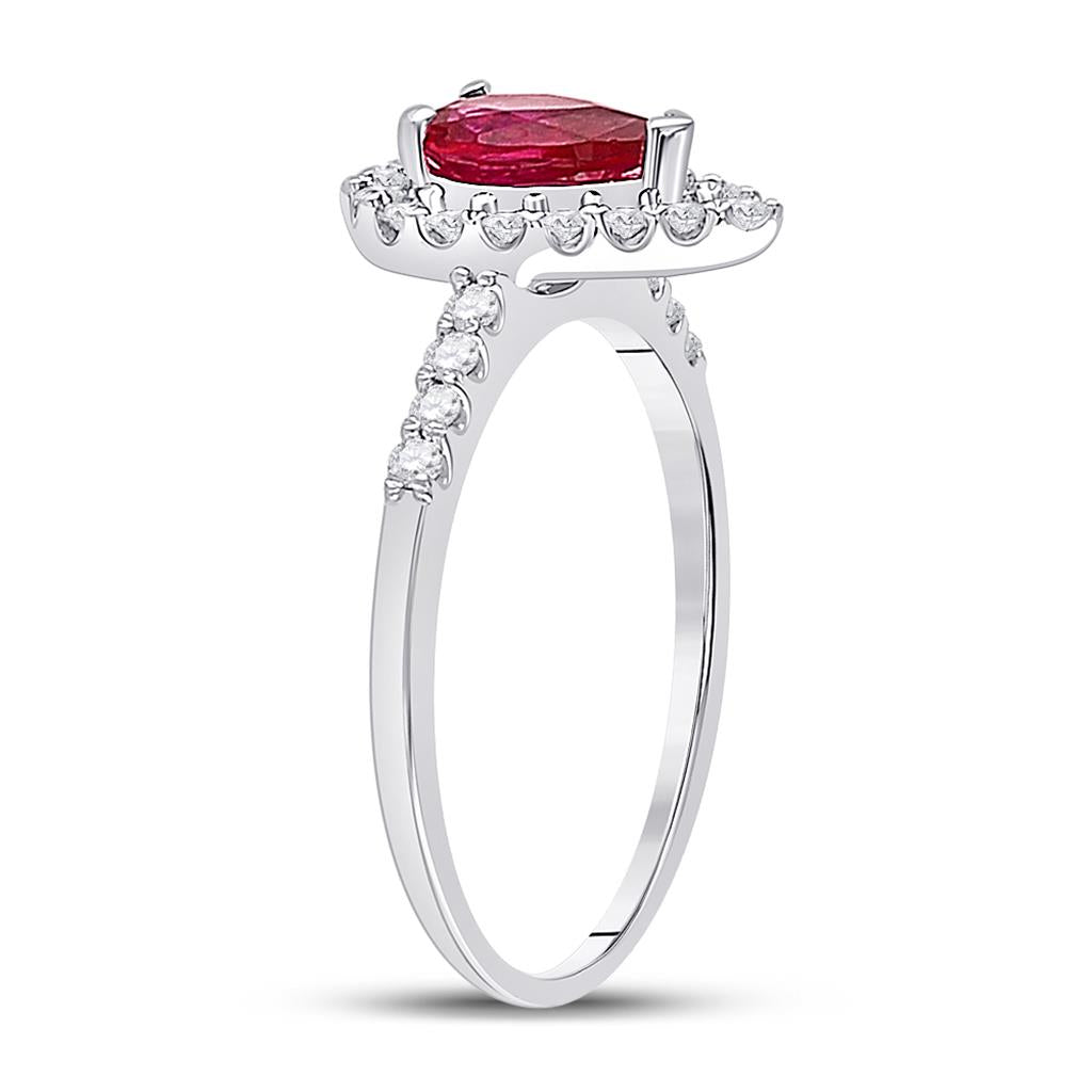 14k White Gold Pear Created Ruby Solitaire Diamond Frame Ring 1-1/5 Cttw