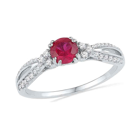 14k White Gold Round Created Ruby Solitaire Diamond Split-shank Ring 7/8 Cttw