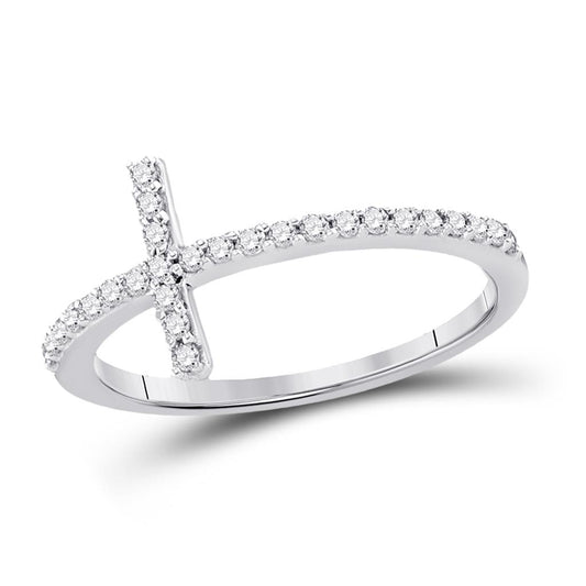 14k White Gold Round Diamond Cross Religious Band Ring 1/5 Cttw