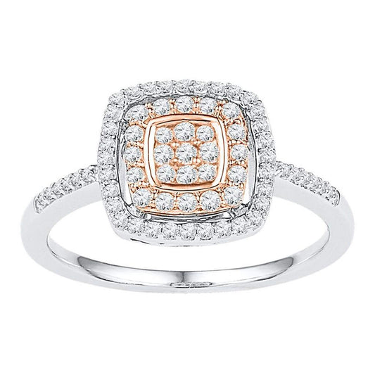 14k White Rose-tone Gold Round Diamond Square Frame Cluster Ring 3/8 Cttw