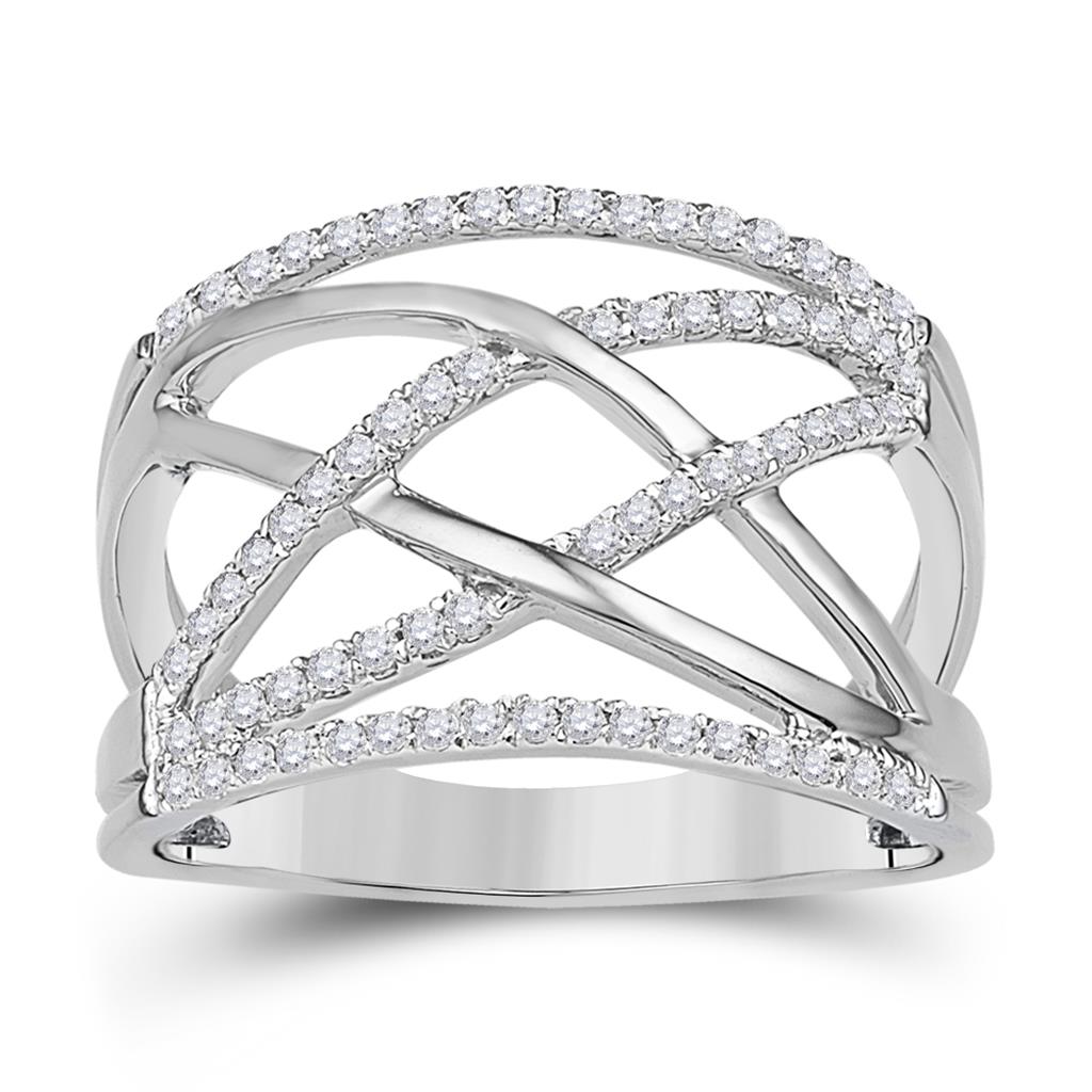 14k White Gold Round Diamond Crisscross Crossover Band Ring 1/3 Cttw