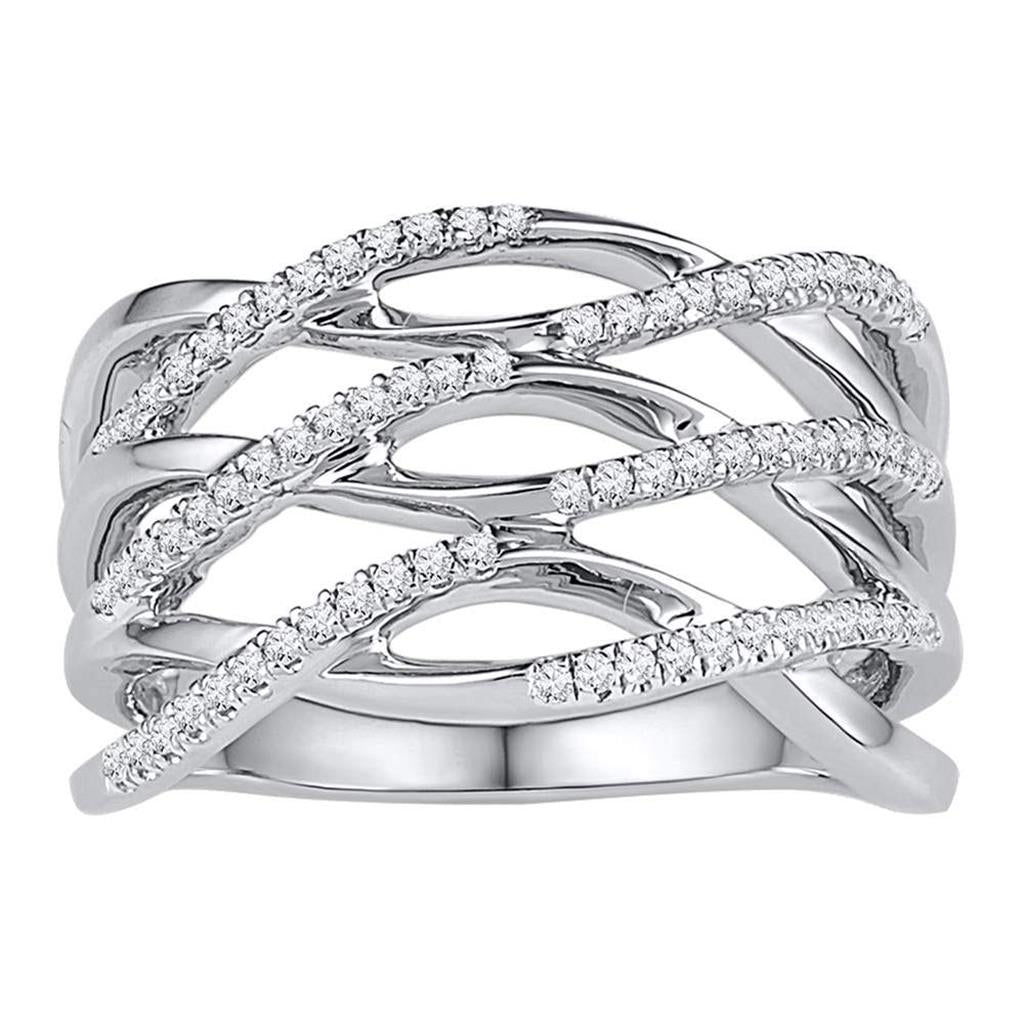 14k White Gold Round Diamond Crossover Strand Band Ring 1/4 Cttw