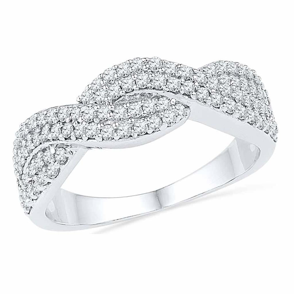 14k White Gold Round Diamond Crossover Band Ring 1/2 Cttw