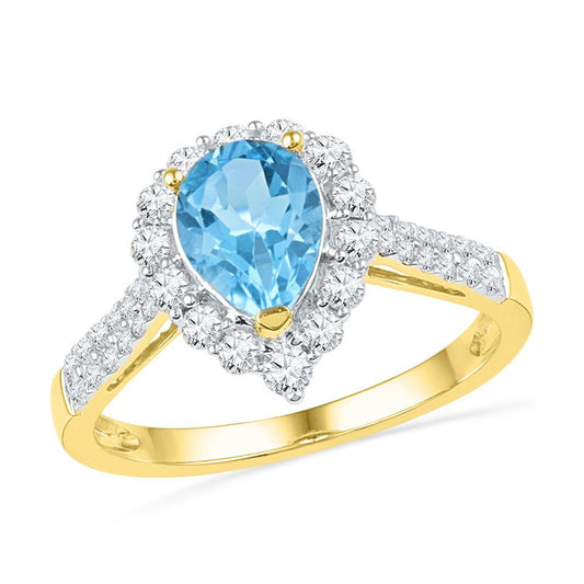 10k Yellow Gold Pear Created Blue Topaz Solitaire Ring 2 Cttw