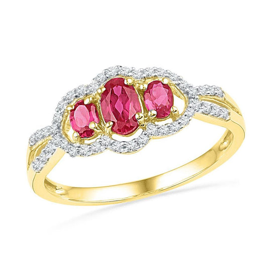 10k Yellow Gold Oval Created Ruby 3-stone Diamond Frame Ring 7/8 Cttw