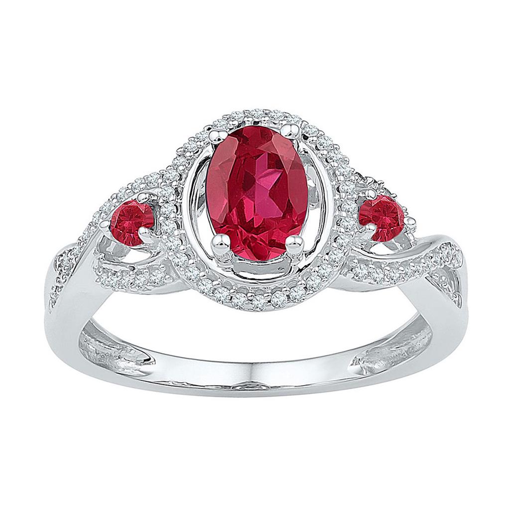 14k White Gold Oval Created Ruby 3-stone Ring 1-1/5 Cttw