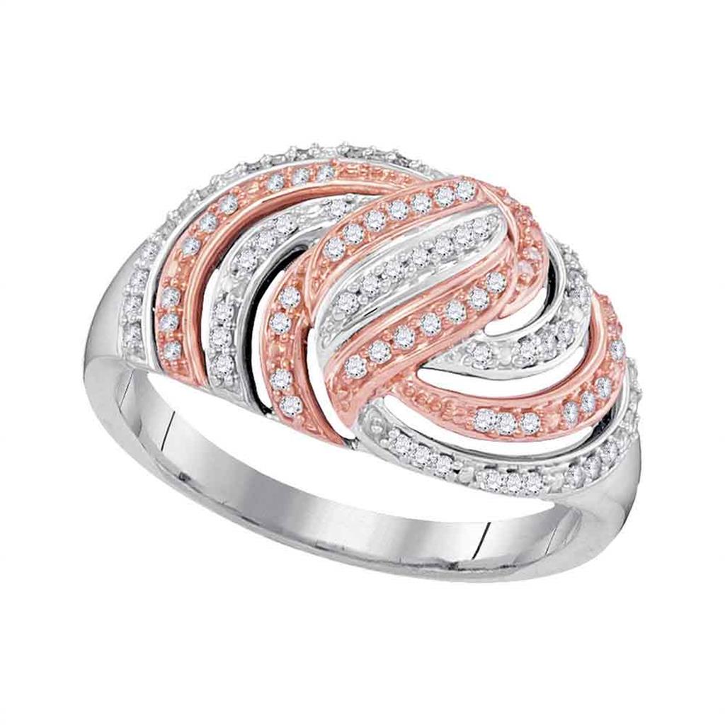 14k White Gold Round Diamond Striped Rose-tone Fashion Ring 1/4 Cttw