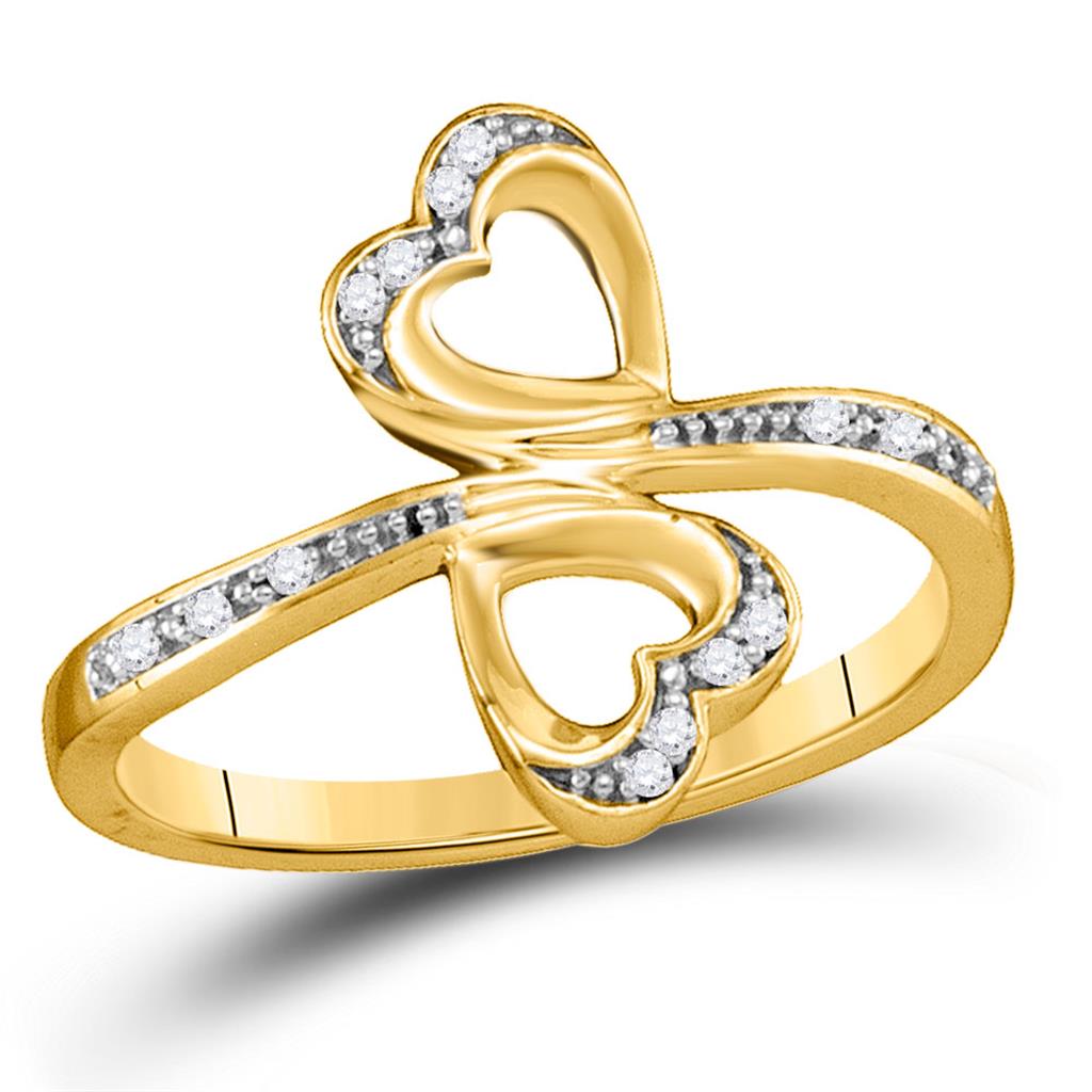 10k Yellow Gold Round Diamond Double Heart Bypass Ring 1/20 Cttw