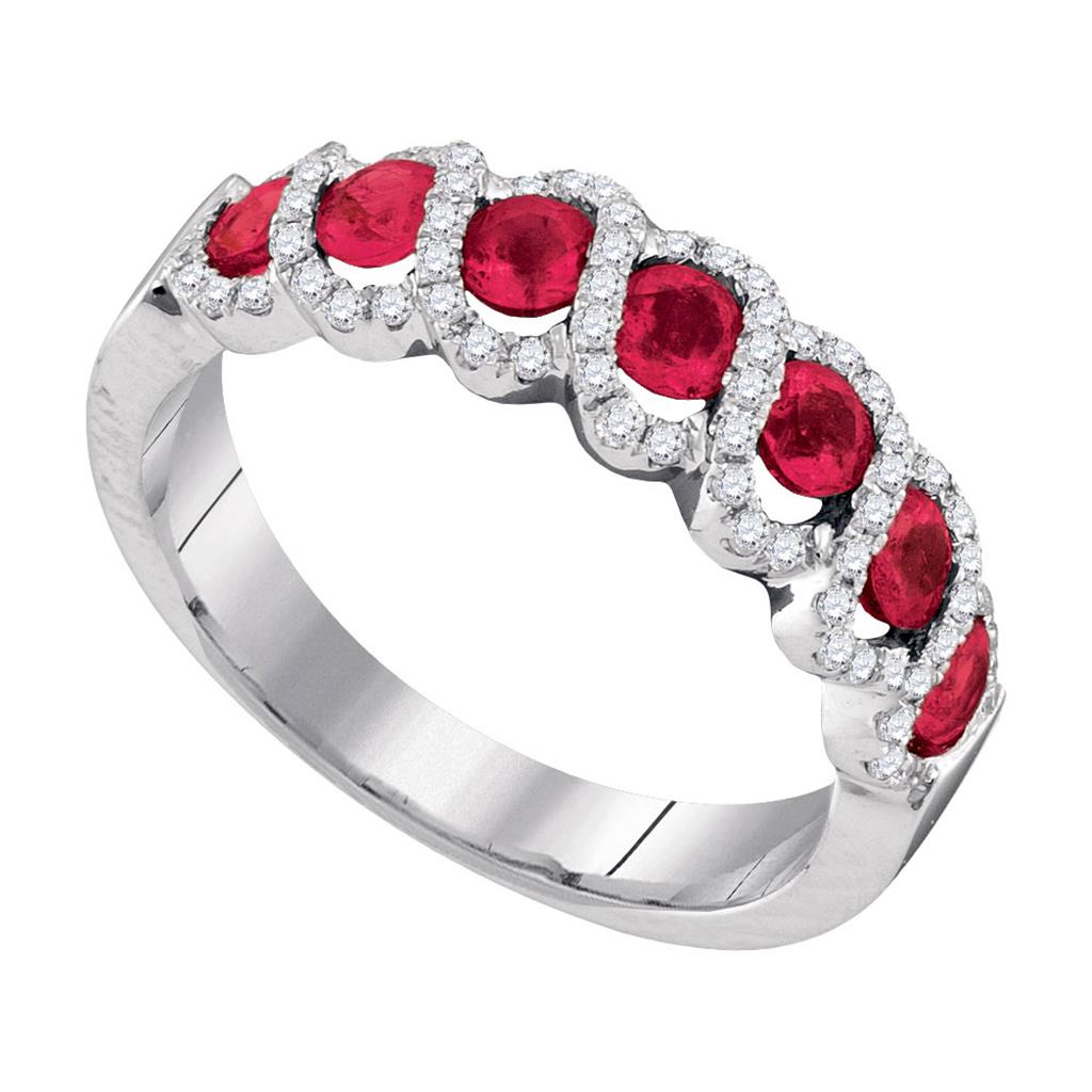 14k White Gold Round Ruby Diamond Striped Band Ring 1 Cttw