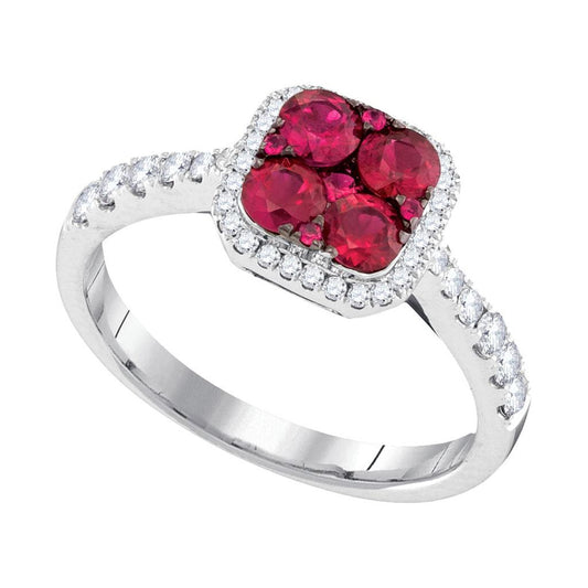 14k White Gold Round Ruby Square Frame Cluster Diamond Ring 1 Cttw