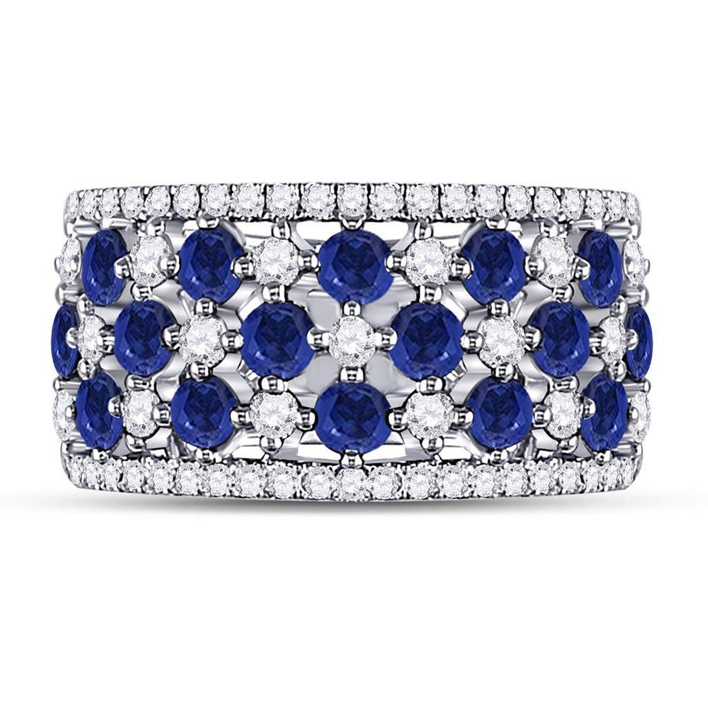 18k White Gold Round Blue Sapphire Diamond Checkered Band Ring 2 Cttw