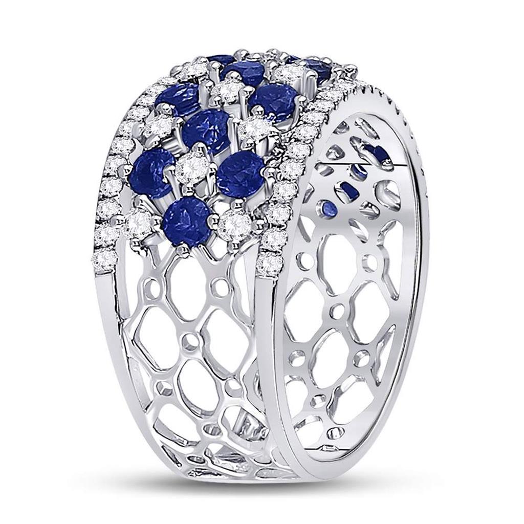 18k White Gold Round Blue Sapphire Diamond Checkered Band Ring 2 Cttw