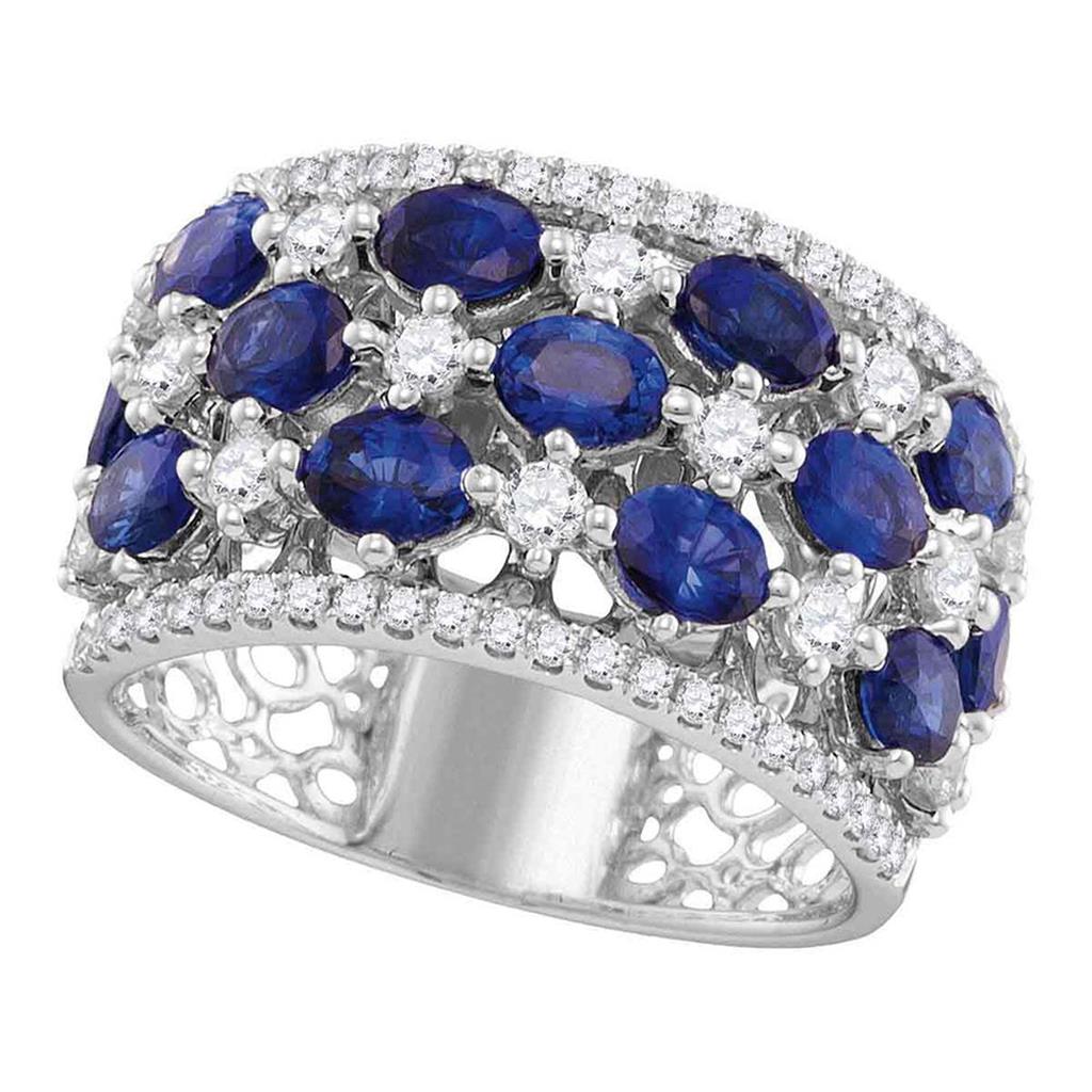 18k White Gold Oval Blue Sapphire Checkered Band Ring 3-7/8 Cttw