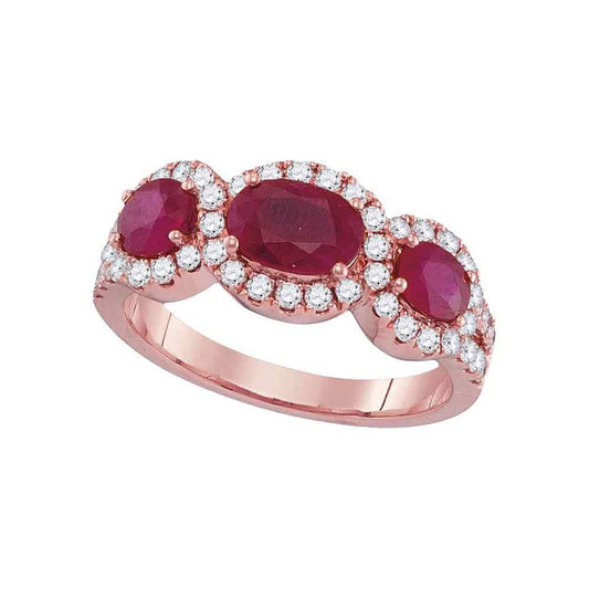 18k Rose Gold Oval Ruby Diamond 3-stone Ring 3 Cttw