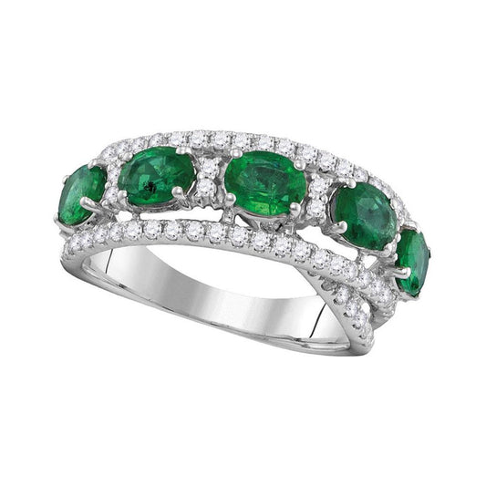 18k White Gold Oval Emerald Diamond Band Ring 2 Cttw