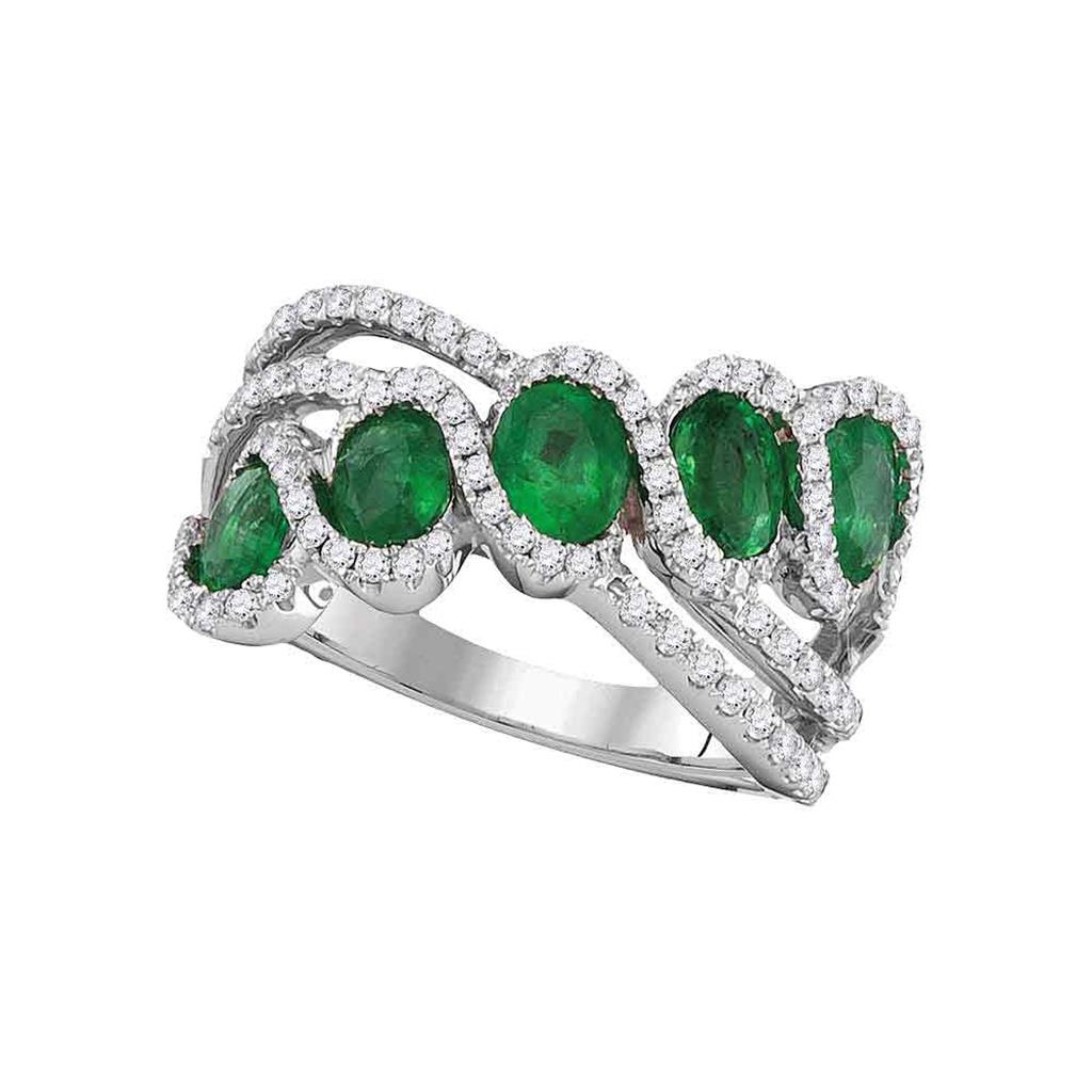 18k White Gold Oval Emerald Diamond Band Ring 2 Cttw